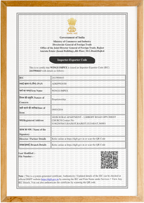 IEC Certificate Import Export Code Certified Wings Impex - Exporter, Supplier And Producer Of Premium Quality Basmati Rice And Non-Basmati Rice And Other Agriculture Products From India