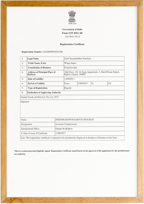 GST Certificate Good And Services Tax Certified Wings Impex - Exporter, Supplier And Producer Of Premium Quality Basmati Rice And Non-Basmati Rice And Other Agriculture Products From India