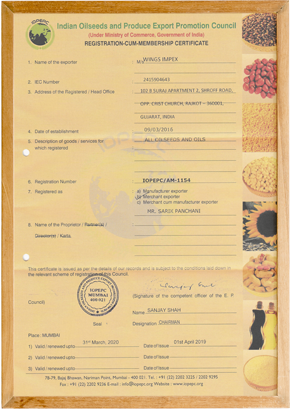 IOPEPC Certificate Indian Oilseed and Produce Export Promotion Council Certified Wings Impex - Exporter, Supplier And Producer Of Premium Quality Basmati Rice And Non-Basmati Rice And Other Agriculture Products From India