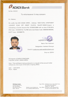 ICICI Bank Certificate Recognized And Certified Wings Impex - Exporter, Supplier And Producer Of Premium Quality Basmati Rice And Non-Basmati Rice And Other Agriculture Products From India