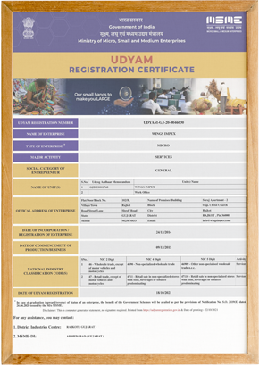 Udyam Registration Certificate Ministry Of Micro, Small And Medium Enterprises Certified Wings Impex - Exporter, Supplier And Producer Of Premium Quality Basmati Rice And Non-Basmati Rice And Other Agriculture Products From India